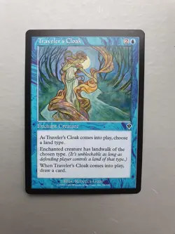Traveler's Cloak , MTG Invasion (2000). Common Blue Enchant Creature NM - Image 1