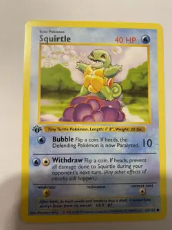 Mint- Squirtle Pokemon TCG Base Set 1st Edition Basic Card 63/102 English 1999 - Image 1