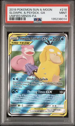 2019 POKEMON SUN & MOON UNIFIED MINDS #218 FULL ART/SLOWPOKE & PSYDUCK GX PSA 9 - Image 1