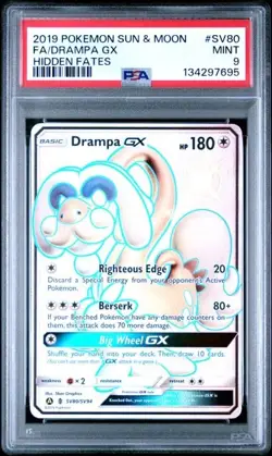 Pokemon Sun & Moon Hidden Fates Full Art #SV80 Shiny Drampa GX PSA 9 MINT - Image 1
