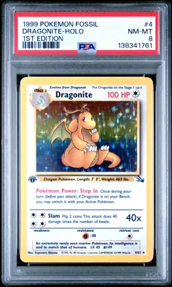 1999 POKEMON FOSSIL 1ST ED #4 DRAGONITE-HOLO PSA 8 - Image 1