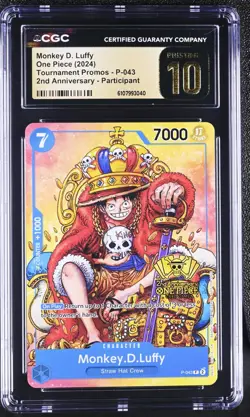 CGC 10 Pristine Monkey D. Luffy P-043 2nd Anniversary Tournament Promo One Piece - Image 1
