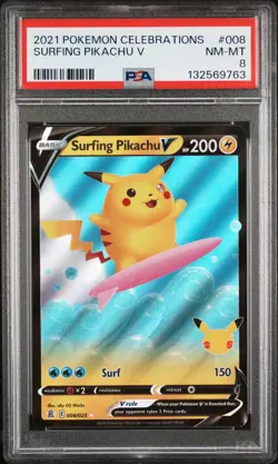 2021 POKEMON CELEBRATIONS #008 SURFING PIKACHU V PSA 8 - Image 1