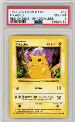 1999 Pokemon Base Set Pikachu Red Cheeks SHADOWLESS PSA 8 Fresh Grade #58 - Image 1
