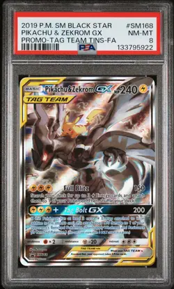 2019 POKEMON SM BLACK STAR PROMO #SM168 FULL ART/PIKACHU & ZEKROM GX PSA 8 - Image 1