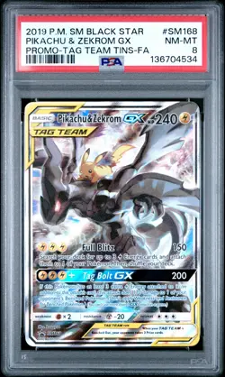 2019 POKEMON SM BLACK STAR PROMO #SM168 FULL ART/PIKACHU & ZEKROM GX PSA 8 - Image 1