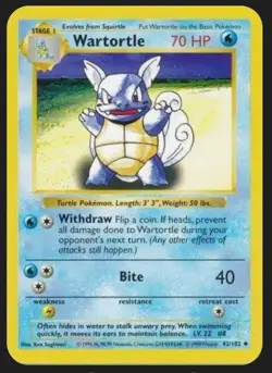 Wartortle - Shadowless - 1999 Base Set 42/102 Pokemon Card 151 WOTC - NEAR MINT - Image 1