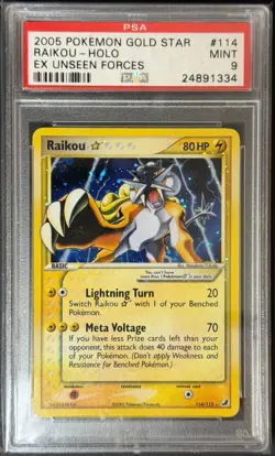 Pokemon (2005) Gold Star Raikou - Holo Ex Unseen Forces 114 PSA 9 - Image 1