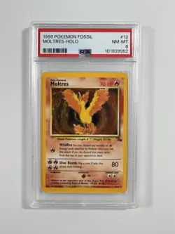 1999 Pokemon Fossil Unlimited Moltres Holo #12 12/62 Rare PSA 8 MT Fresh Grade - Image 1