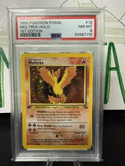 MOLTRES 1ST EDITION HOLO 1999 POKEMON FOSSIL #12/62 PSA 8 - Image 3