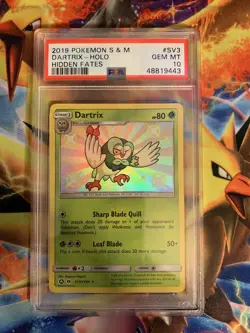 PSA 10 Gem Mint Dartrix Holo SV3 2019 Pokemon Sun & Moon Hidden Fates Graded - Image 1