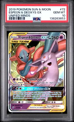 PSA 10 Espeon & Deoxys GX Tag Team #72/236 Pokemon Unified Minds - Image 1