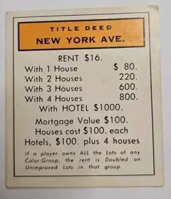Replacement New York Ave Title Deed Orange Card Regular Basic Monopoly - Image 1