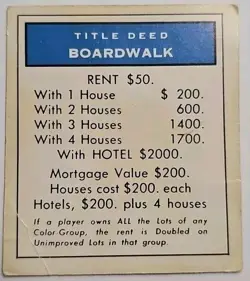 Replacement Boardwalk Title Deed Dark Blue Card Regular Basic Monopoly - Image 1