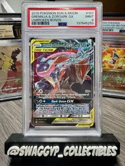 ◓Greninja & Zoroark GX 107/214 Unbroken Bonds 2019- Pokemon Full Art Holo PSA 9◓ - Image 1