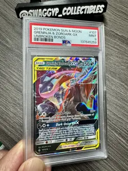 ◓Greninja & Zoroark GX 107/214 Unbroken Bonds 2019- Pokemon Full Art Holo PSA 9◓ - Image 3