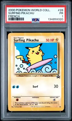 PSA 1 Surfing Pikachu Pokemon League Black Star Promo #28 2001 WoTC PR “French” - Image 1