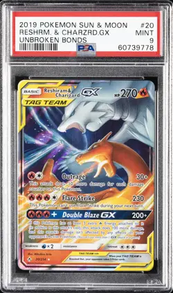 2019 POKEMON SUN & MOON UNBROKEN BONDS #20 RESHIRAM & CHARIZARD GX PSA 9 - Image 1