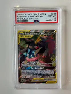 2019 POKEMON SUN & MOON UNBROKEN BONDS FULL ART GRENINJA & ZOROARK GX PSA 10 - Image 1