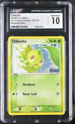 CGC 10 Chikorita EX Unseen Forces 51/115 Reverse Holo Stamped Pokemon Card - Image 1