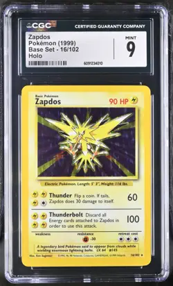 CGC 9 MINT Zapdos 16/102 Pokemon 1999 Unlimited Base Set Holo Card (PSA/BGS) - Image 1