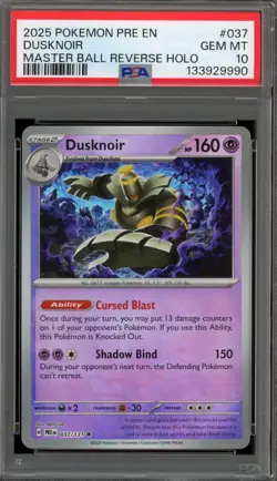 Pokemon Dusknoir Prismatic Evolutions Master Ball Reverse Holo #037 PSA 10 - Image 1