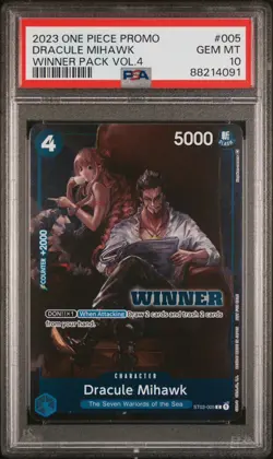 Dracule Mihawk PSA 10 Winner Pack Vol. 4 One Piece TCG CCG Promo ST-005 2023 - Image 1