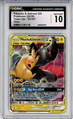 CGC GEM MINT 10 Pokemon TCG Pikachu & Zekrom GX 33/181 Sm-Team Up Holo (2019) - Image 1