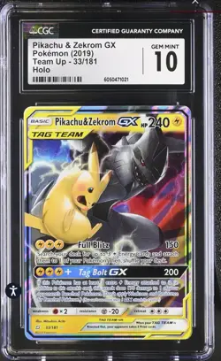 CGC 10 GEM MINT Pikachu & Zekrom GX 2019 Team Up 33/181 Holo Pokemon Card - Image 1