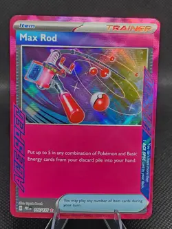 Pokemon Prismatic Evolutions TCG Max Rod Ace Spec Trainer Pink Holo Card 116/131 - Image 1