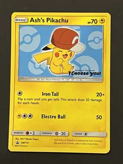 Pokemon TCG Ash's Pikachu SM113 Sun and Moon Black Star Promo LP - Image 1