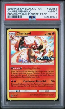 2019 Black Star Promo Team Up Pre Release # SM158 Charizard Holo PSA 8 Card NM-M - Image 1
