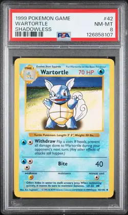 1999 POKEMON BASE SET SHADOWLESS #42 WARTORTLE PSA 8 - Image 1