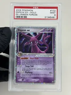PSA 9 Espeon EX 102/115 Unseen Forces 2005 Pokemon TCG Holo SWIRL Card low pop - Image 1