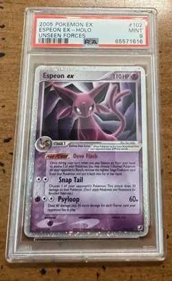 PSA 9 Espeon EX 102/115 Unseen Forces 2005 Pokemon TCG Holo SWIRL Card LOW POP - Image 1