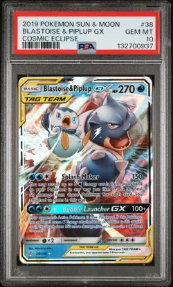 2019 POKEMON SUN & MOON COSMIC ECLIPSE #38 BLASTOISE & PIPLUP GX PSA 10 - Image 1