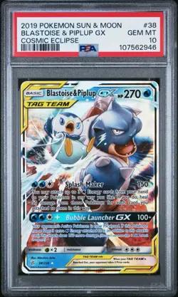 2019 Pokemon Sun & Moon Cosmic Eclipse Blastoise & Piplup GX #38 PSA 10 - Image 1