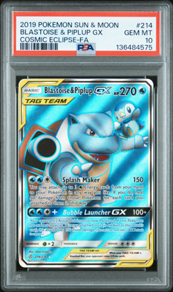 2019 POKEMON SUN & MOON COSMIC ECLIPSE #214 BLASTOISE & PIPLUP GX PSA 10 - Image 1