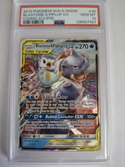 2019 Pokemon Sun & Moon Cosmic Eclipse Blastoise & Piplup GX 38/236 PSA 10 - Image 1