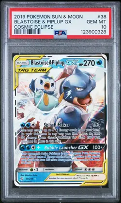 2019 POKEMON SUN & MOON COSMIC ECLIPSE #38 BLASTOISE & PIPLUP GX PSA 10 - Image 1