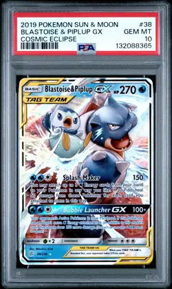 2019 POKEMON SUN & MOON COSMIC ECLIPSE #38 BLASTOISE & PIPLUP GX PSA 10 - Image 1