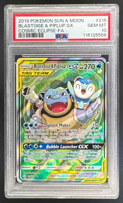 Blastoise & Piplup GX Tag Team 2019 Pokemon Sun Moon Cosmic Eclipse #215 PSA 10 - Image 1