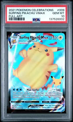 PSA GEM MT 10 - 2021 POKEMON CELEBRATIONS FULL ART 009 SURFING PIKACHU VMAX - Image 1
