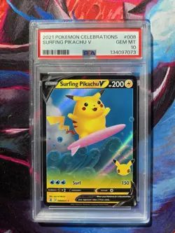 PSA 10 Gem Mint Surfing Pikachu V 008 Pokemon Celebrations 2021 - Image 1