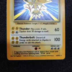 Pokemon card, Zapdos 16/102, Base Set, Holo Rare, Moderately Played Condition - Image 3