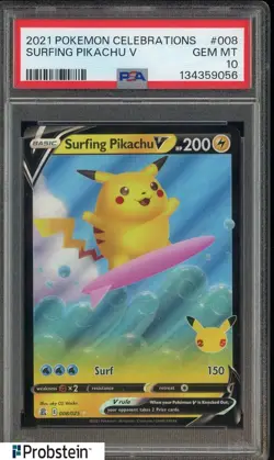 2021 Pokemon Celebrations #008 Surfing Pikachu V PSA 10 GEM MINT - Image 1