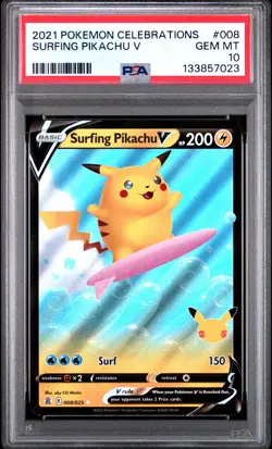 2021 POKEMON CELEBRATIONS SURFING PIKACHU V #008 PSA Gem Mint 10 - Image 1