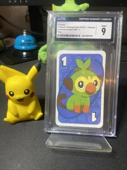 2019 Pokemon Playing Cards Pokemon Pocket Uno Grookey Blue CGC 9 - Image 1