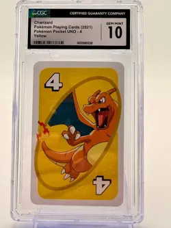 2019 Pokemon Playing Cards Pocket Uno, 4 Charizard Yellow, CGC 10 Gem Mint - Image 1