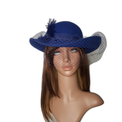 Vintage Michael Howard Hat Wool Wide Brim Feather Veil Womens Blue 80s - Image 1